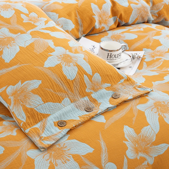 91家纺网 家纺一手货源 找家纺 鲁爱 2025新款全棉色织双层纱纽扣款四件套 花漫-黄