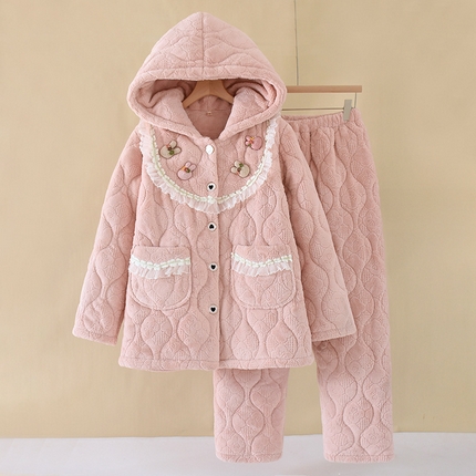 91家纺网 家纺一手货源 找家纺 （总）粉色连帽睡衣女士珊瑚绒秋冬季夹棉加厚加绒保暖法兰绒家居服