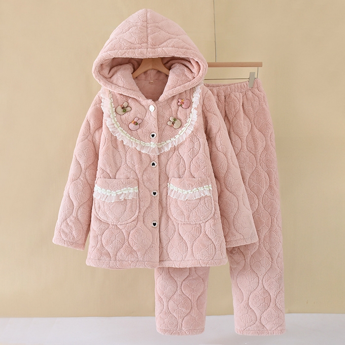 91家纺网 家纺一手货源 找家纺 （总）粉色连帽睡衣女士珊瑚绒秋冬季夹棉加厚加绒保暖法兰绒家居服