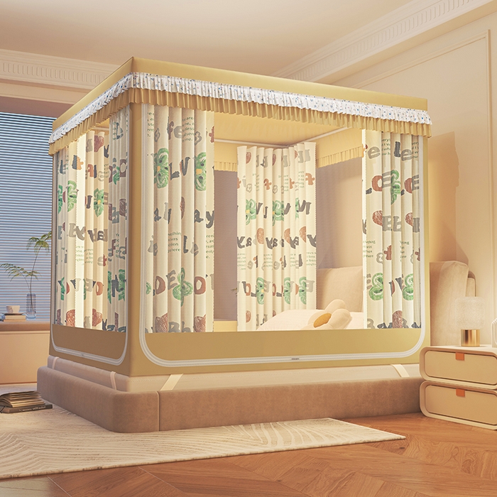 91家纺网 家纺一手货源 找家纺 迪凡保罗蚊帐 2025新款2501专版印花遮光帘防摔坐床蚊帐 字母花