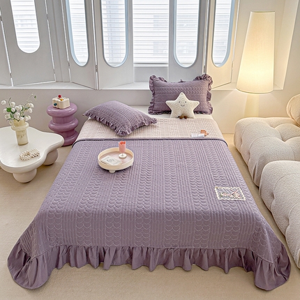 91家纺网 家纺一手货源 找家纺 源舜家纺 2025新款云感皱皱纱韩版纯色床盖三件套 芋泥紫