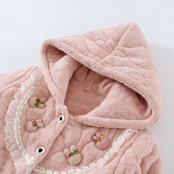 91家纺网 家纺一手货源 找家纺 （总）粉色连帽睡衣女士珊瑚绒秋冬季夹棉加厚加绒保暖法兰绒家居服