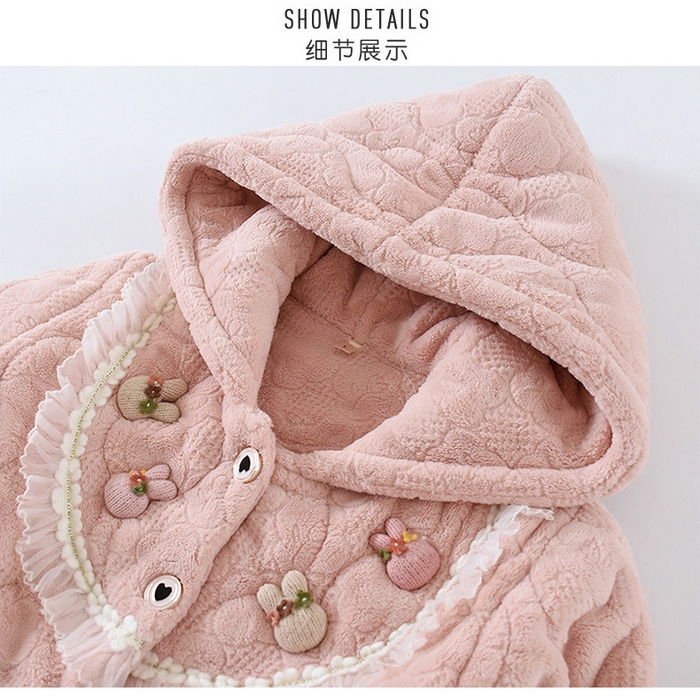 91家纺网 家纺一手货源 找家纺 （总）粉色连帽睡衣女士珊瑚绒秋冬季夹棉加厚加绒保暖法兰绒家居服