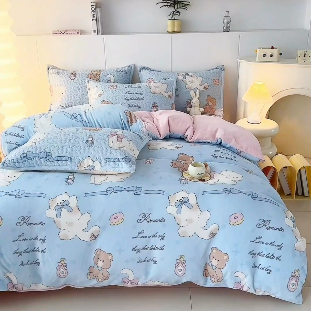 91家纺网 家纺一手货源 找家纺 添越家纺 2025新款简约款牛奶绒床盖四件套 猫咪酱