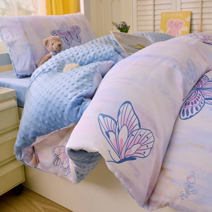 91家纺网 家纺一手货源 找家纺 金鑫汇家纺 2024新款棉加豆豆绒学生三件套 棉加豆豆绒-梦蝶