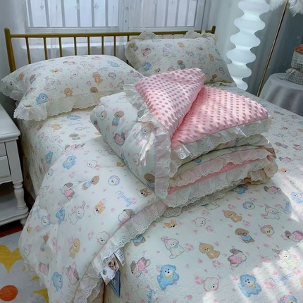 韩版纯棉豆豆被床盖四件套春秋被加厚冬被同款纯棉被套砂洗棉花床盖三件套四季通用泡芙 小奶狗