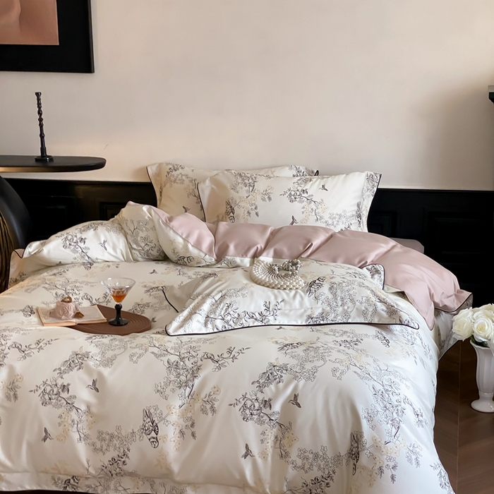 91家纺网 家纺一手货源 找家纺 赫帛 2024新款60s数码印花天丝棉磨毛四件套-栖息 栖息-米白色