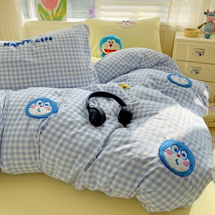 罗亿家纺 2025新款格子卡通云朵棉毛巾绣四件套场景二（提供买家秀） 小蓝叮当