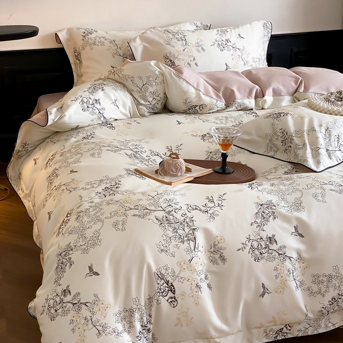 91家纺网 家纺一手货源 找家纺 赫帛 2024新款60s数码印花天丝棉磨毛四件套-栖息 栖息-米白色