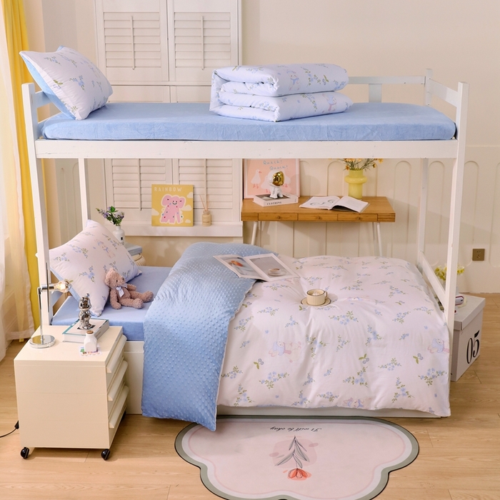 91家纺网 家纺一手货源 找家纺 金鑫汇家纺 2024新款棉加豆豆绒学生三件套 棉加豆豆绒-花丛兔