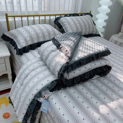 韩版纯棉豆豆被床盖四件套春秋被加厚冬被同款纯棉被套砂洗棉花床盖三件套四季通用遇见浪漫