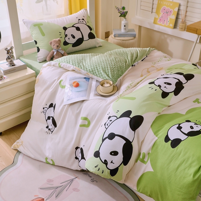 91家纺网 家纺一手货源 找家纺 金鑫汇家纺 2024新款棉加豆豆绒学生三件套 棉加豆豆绒-可爱熊猫