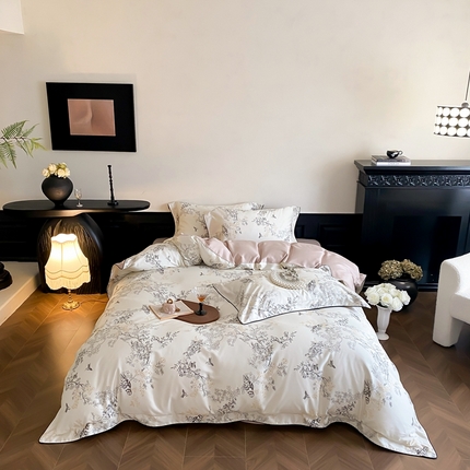 91家纺网 家纺一手货源 找家纺 赫帛 2024新款60s数码印花天丝棉磨毛四件套-栖息 栖息-米白色