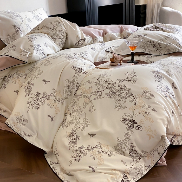 91家纺网 家纺一手货源 找家纺 赫帛 2024新款60s数码印花天丝棉磨毛四件套-栖息 栖息-米白色