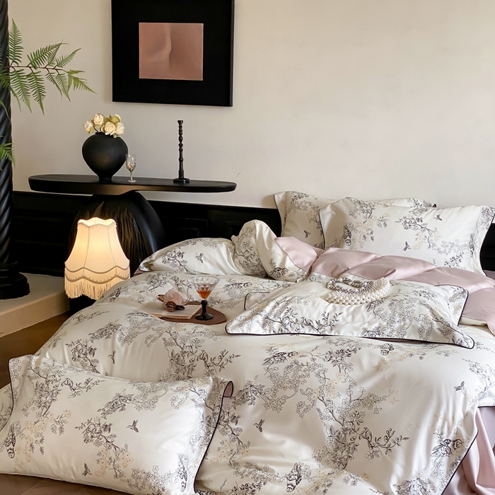 91家纺网 家纺一手货源 找家纺 赫帛 2024新款60s数码印花天丝棉磨毛四件套-栖息 栖息-米白色