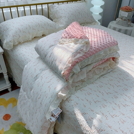 韩版纯棉豆豆被床盖四件套春秋被加厚冬被同款纯棉被套砂洗棉花床盖三件套四季通用开心鸭