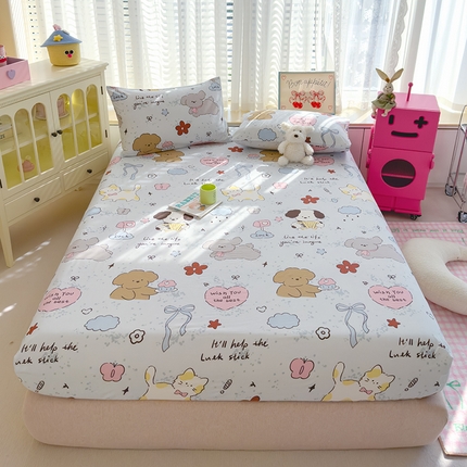 91家纺网 家纺一手货源 找家纺 宏源家纺 2024新款A类高克重超柔水洗云朵棉单床笠 小猫出逃