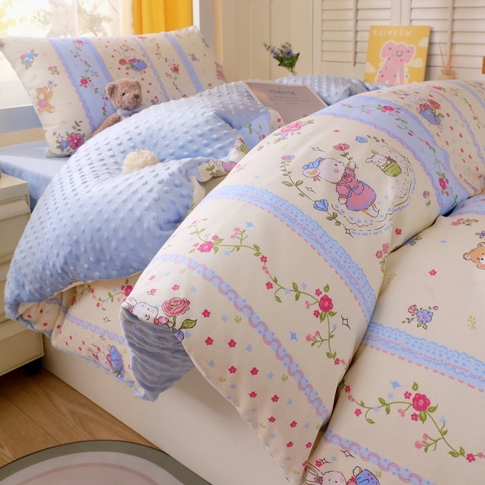 91家纺网 家纺一手货源 找家纺 金鑫汇家纺 2024新款棉加豆豆绒学生三件套 棉加豆豆绒-快乐萌兔