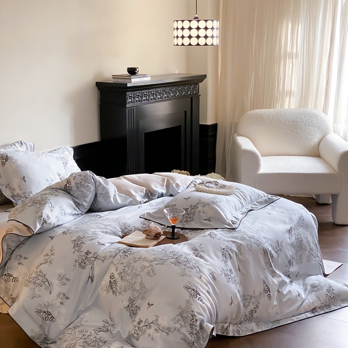 91家纺网 家纺一手货源 找家纺 赫帛 2024新款60s数码印花天丝棉磨毛四件套-栖息 栖息-蓝色