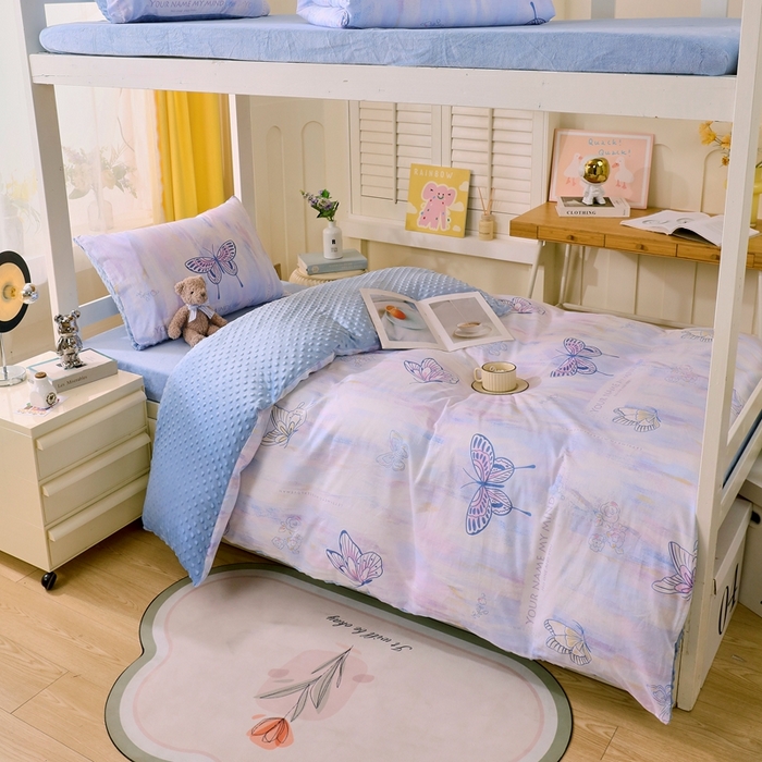 91家纺网 家纺一手货源 找家纺 金鑫汇家纺 2024新款棉加豆豆绒学生三件套 棉加豆豆绒-梦蝶