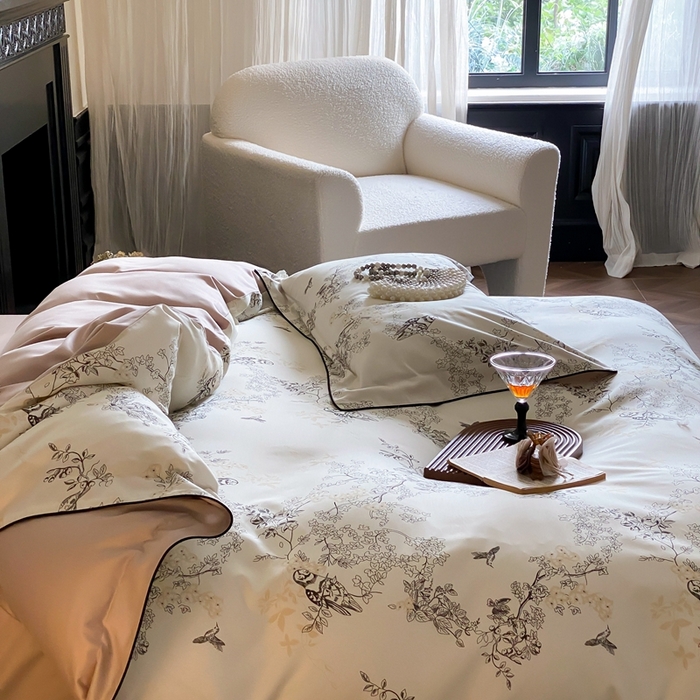 91家纺网 家纺一手货源 找家纺 赫帛 2024新款60s数码印花天丝棉磨毛四件套-栖息 栖息-米白色