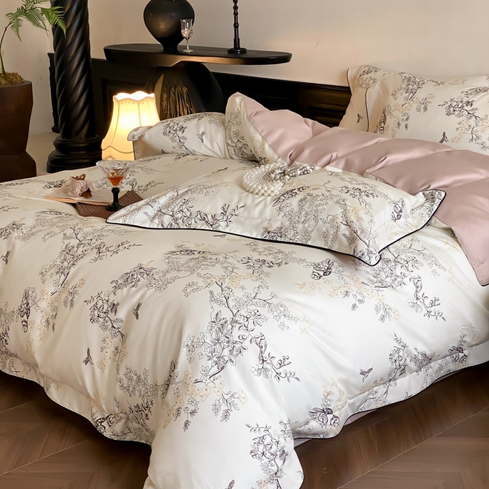 91家纺网 家纺一手货源 找家纺 赫帛 2024新款60s数码印花天丝棉磨毛四件套-栖息 栖息-米白色