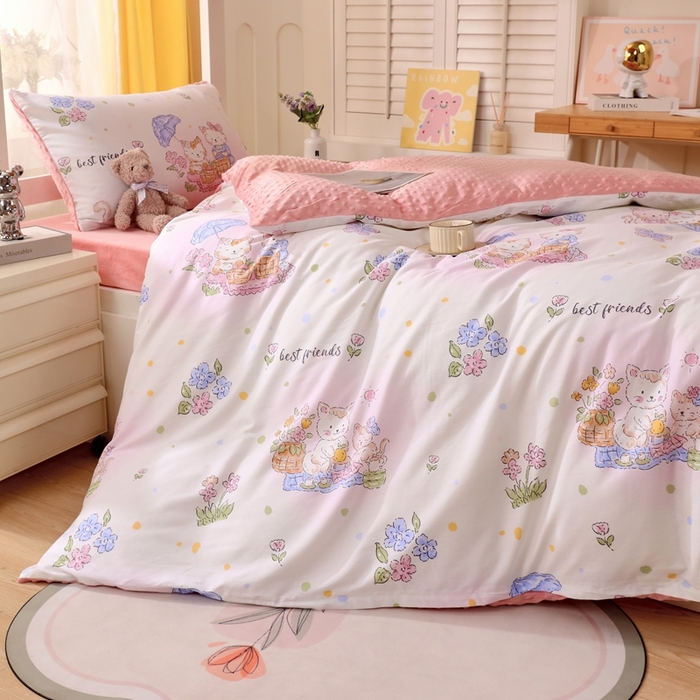 91家纺网 家纺一手货源 找家纺 金鑫汇家纺 2024新款棉加豆豆绒学生三件套 棉加豆豆绒-喵喵日记