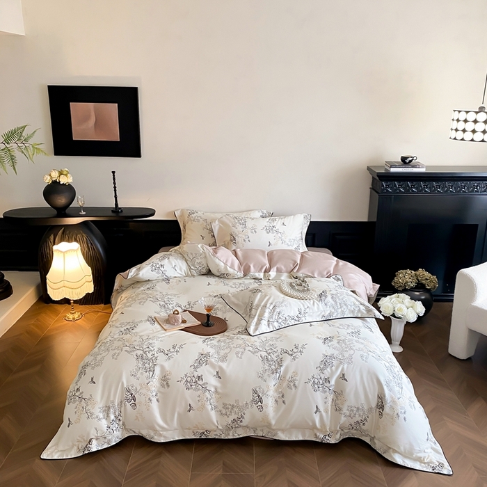 91家纺网 家纺一手货源 找家纺 赫帛 2024新款60s数码印花天丝棉磨毛四件套-栖息 栖息-米白色