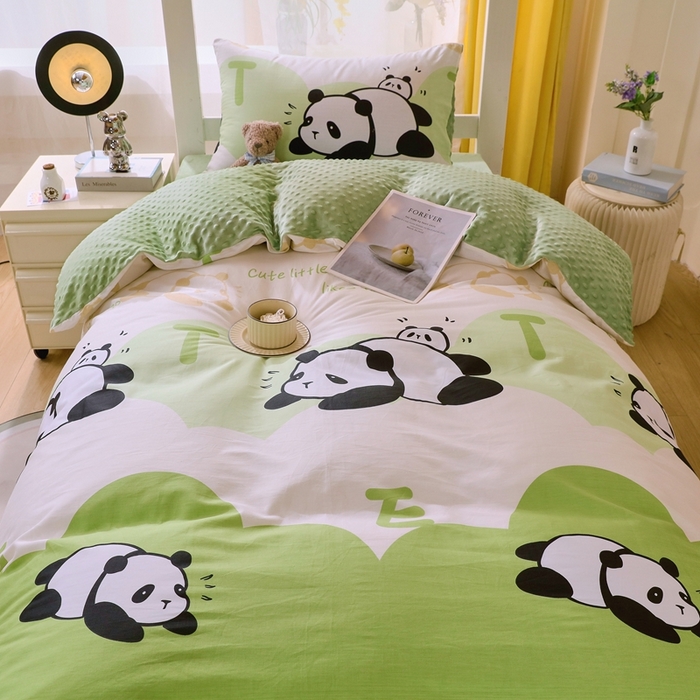 91家纺网 家纺一手货源 找家纺 金鑫汇家纺 2024新款棉加豆豆绒学生三件套 棉加豆豆绒-可爱熊猫