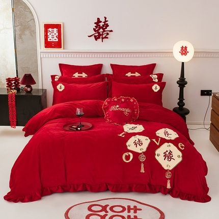 用心 2025年新款牛奶绒宝宝绒花边贴布婚庆四件套多件套 喜结良缘