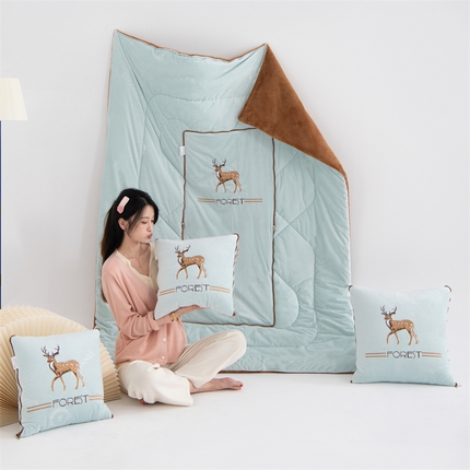 翰轩家居 2024新款婴儿绒多功能抱枕被-一鹿有你 一鹿有你-天空蓝
