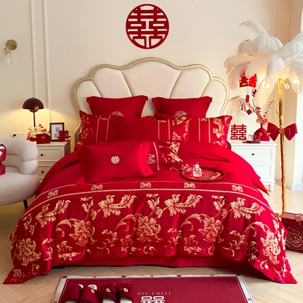 91家纺网 家纺一手货源 找家纺 （总）博纳家纺 2024新款婚庆款亲肤棉浮雕绣花系列四件套