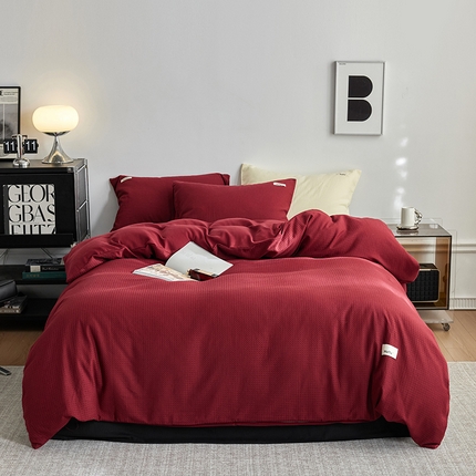 简家居 2024新款华夫格新颜色混搭系列四件套 安哥拉红夜阑黑（枕套安哥拉红色+鹅黄）