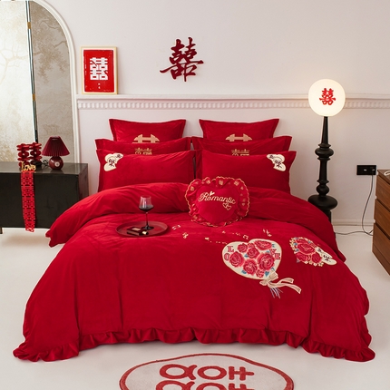 用心 2025年新款牛奶绒宝宝绒花边贴布婚庆四件套多件套 喜樂