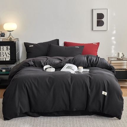 简家居 2024新款华夫格新颜色混搭系列四件套 华夫格夜阑黑（枕套夜阑黑+安哥拉红）