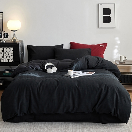 简家居 2024新款华夫格新颜色混搭系列四件套 棋盘格黑色（枕套黑色+华夫格红色）