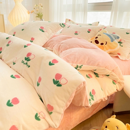 91家纺网 家纺一手货源 找家纺 权瑾家纺 小清新牛奶绒四件套 郁金香