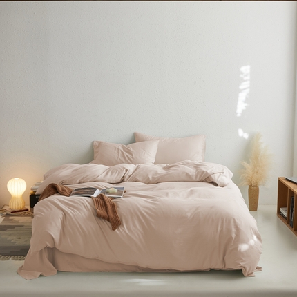 91家纺网 家纺一手货源 找家纺 沃朴家居 2024新款亲肤水洗棉四件套莫兰迪粉