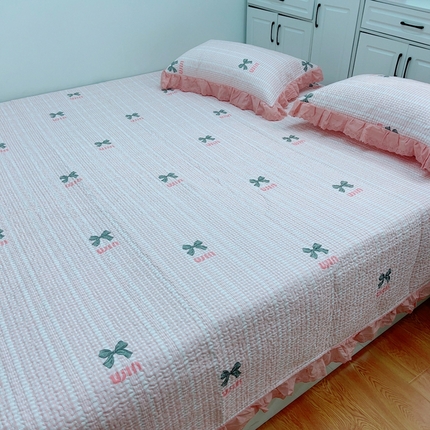 暖居 2024新款纯棉绗缝夹棉榻榻米支持定制防滑全棉印花小碎花农村大炕盖三件套系列 蝴蝶结粉色