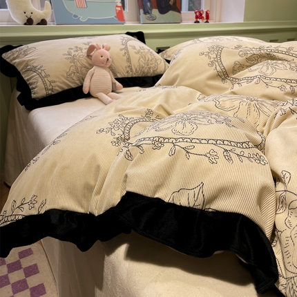 羚羊语家纺 爆款2024轻法式赫本风灯芯绒四件套小香风提花立体韩版花边牛奶绒三件套珊瑚法莱绒灯芯绒单被套-实拍风 月亮花房-艺境