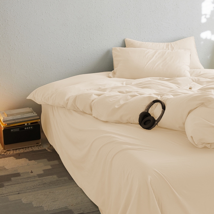 91家纺网 家纺一手货源 找家纺 沃朴家居 2024新款亲肤水洗棉四件套米白