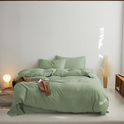 91家纺网 家纺一手货源 找家纺 沃朴家居 2024新款亲肤水洗棉四件套豆蔻青（深）