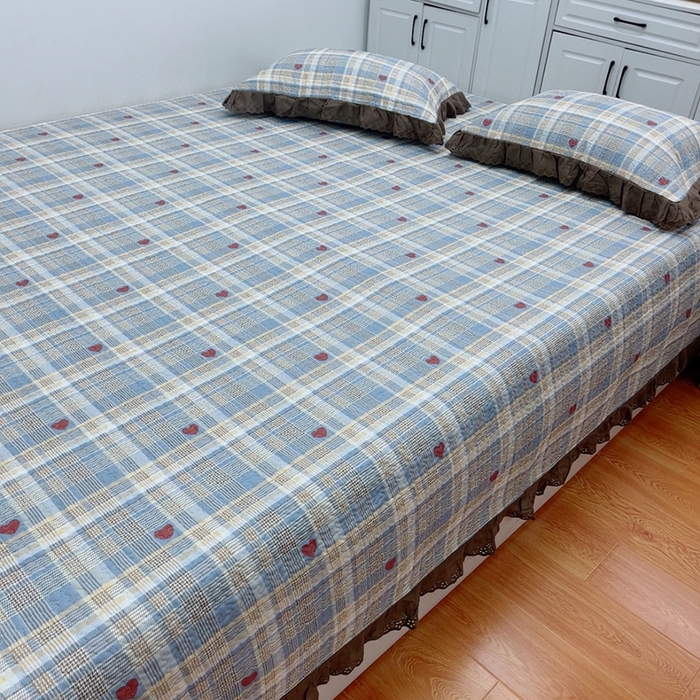 91家纺网 家纺一手货源 找家纺 暖居 2024新款纯棉绗缝夹棉榻榻米支持定制防滑全棉印花小碎花农村大炕盖三件套系列 莱恩蓝