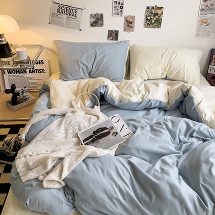 91家纺网 家纺一手货源 找家纺 名品家纺 2024新款纯色双拼四件套 双拼-雾蓝奶黄
