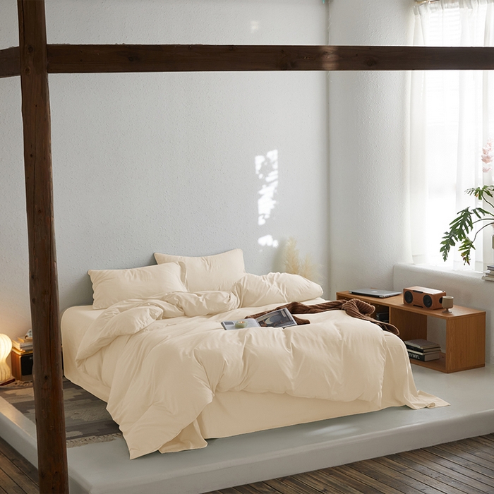 91家纺网 家纺一手货源 找家纺 沃朴家居 2024新款亲肤水洗棉四件套米白