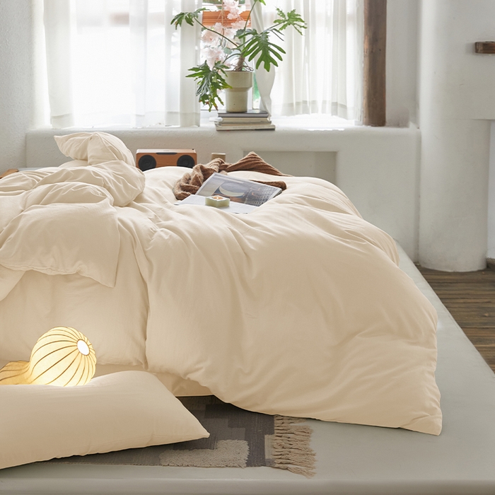 91家纺网 家纺一手货源 找家纺 沃朴家居 2024新款亲肤水洗棉四件套米白