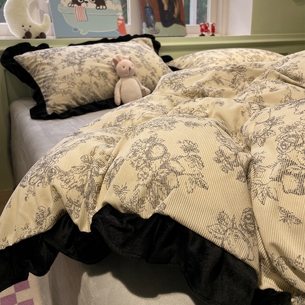 羚羊语家纺 爆款2024轻法式赫本风灯芯绒四件套小香风提花立体韩版花边牛奶绒三件套珊瑚法莱绒灯芯绒单被套-实拍风 月亮花房-初禾