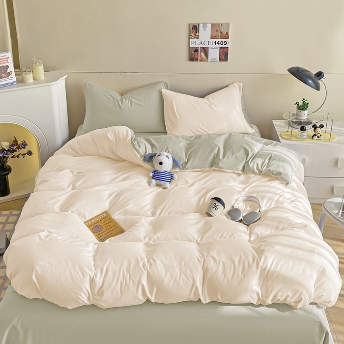 91家纺网 家纺一手货源 找家纺 沃朴家居 2024新款亲肤双拼水洗棉四件套学生三件套 抹茶芝士