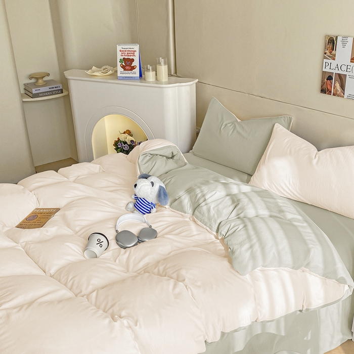 91家纺网 家纺一手货源 找家纺 沃朴家居 2024新款亲肤双拼水洗棉四件套学生三件套 抹茶芝士