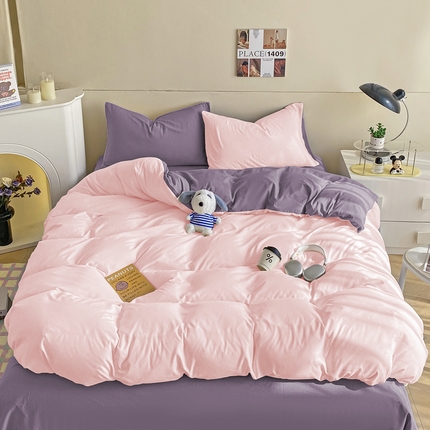 沃朴家居 2024新款亲肤双拼水洗棉四件套学生三件套 樱粉